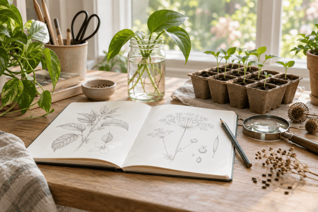 A botanical notebook, seedlings, and propagation materials arranged for study